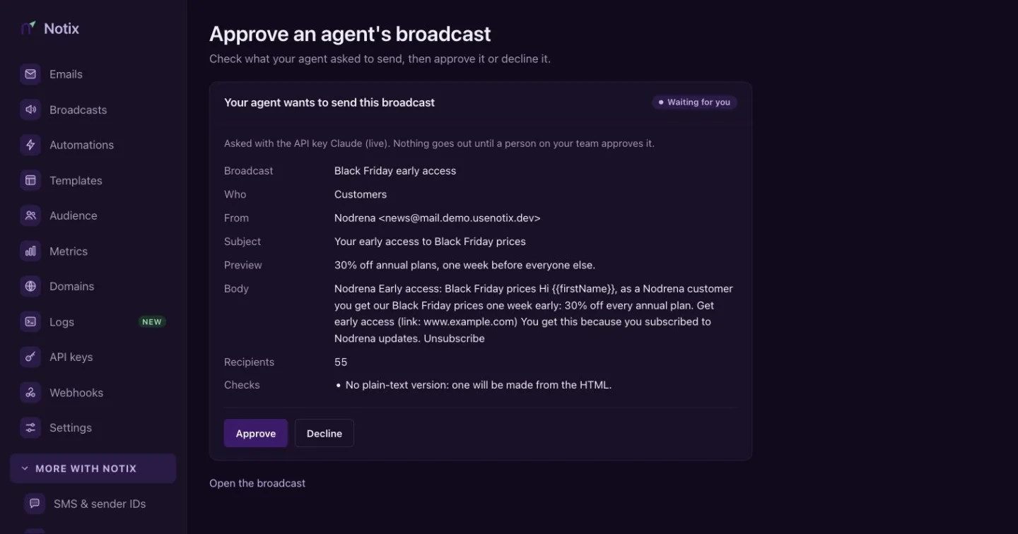 The approval page showing a broadcast an agent asked to send, with Approve and Decline