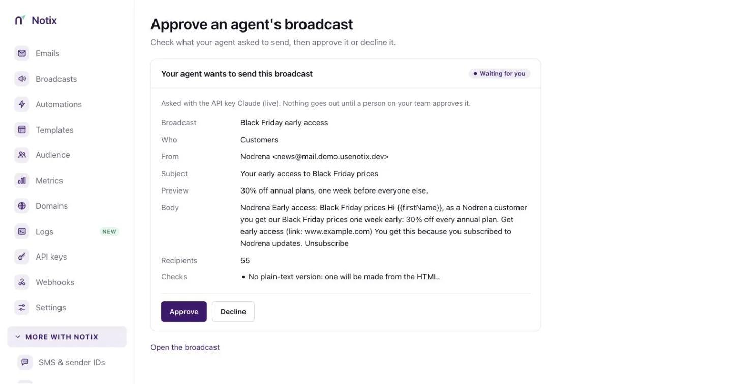 The approval page showing a broadcast an agent asked to send, with Approve and Decline