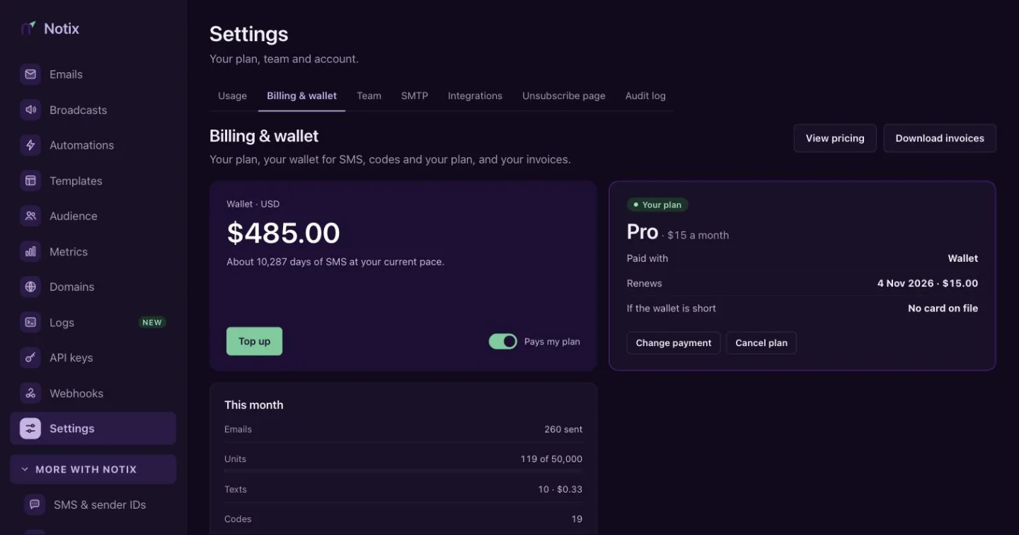 The Billing and wallet tab with plan, wallet balance and invoices