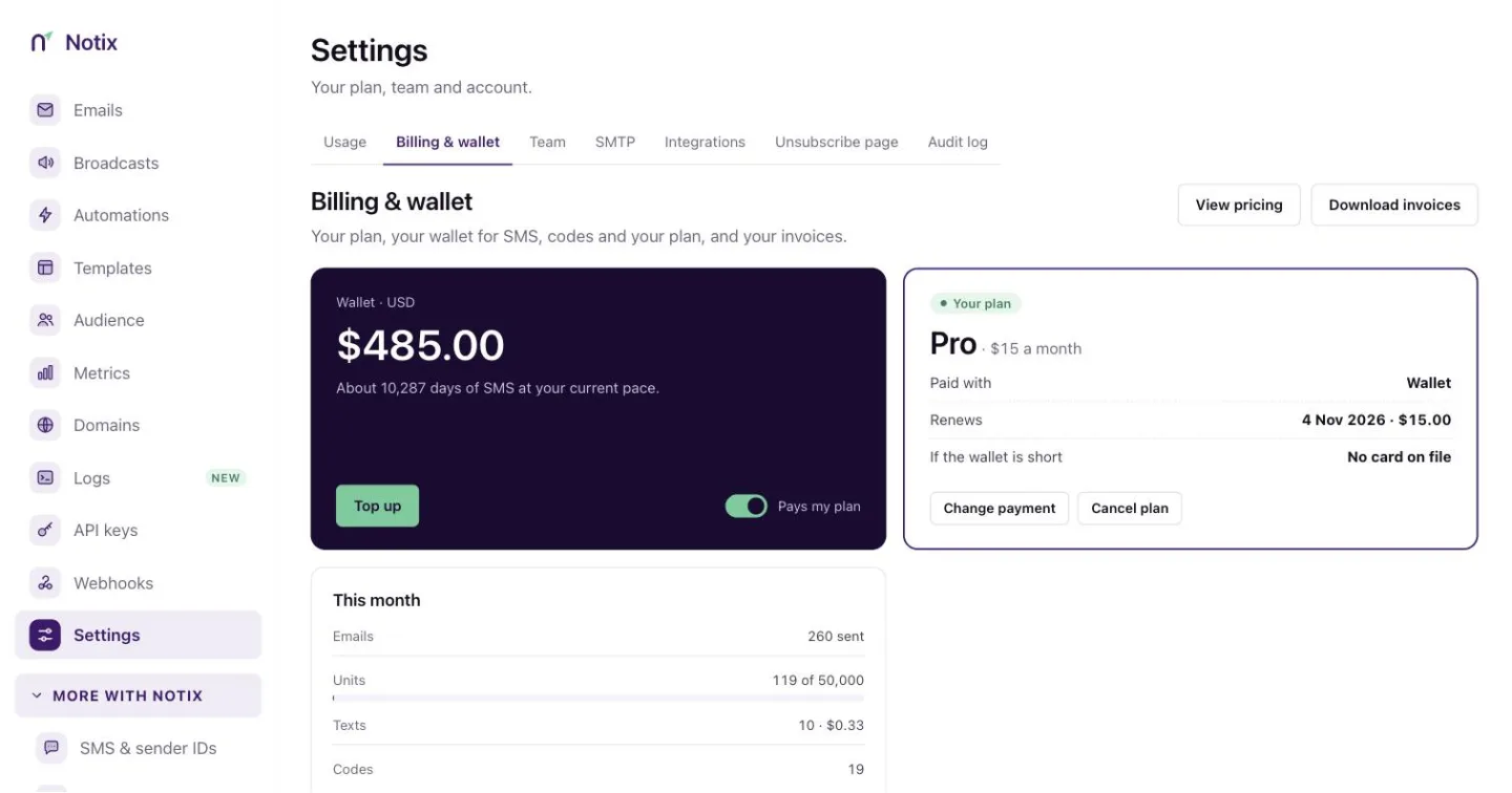 The Billing and wallet tab with plan, wallet balance and invoices
