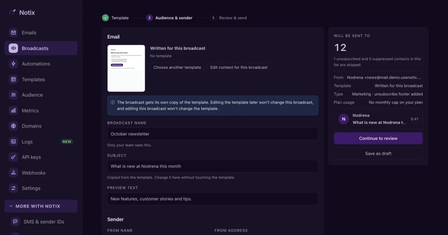 The broadcast editor with the sender, audience, subject and preview text fields above the email body