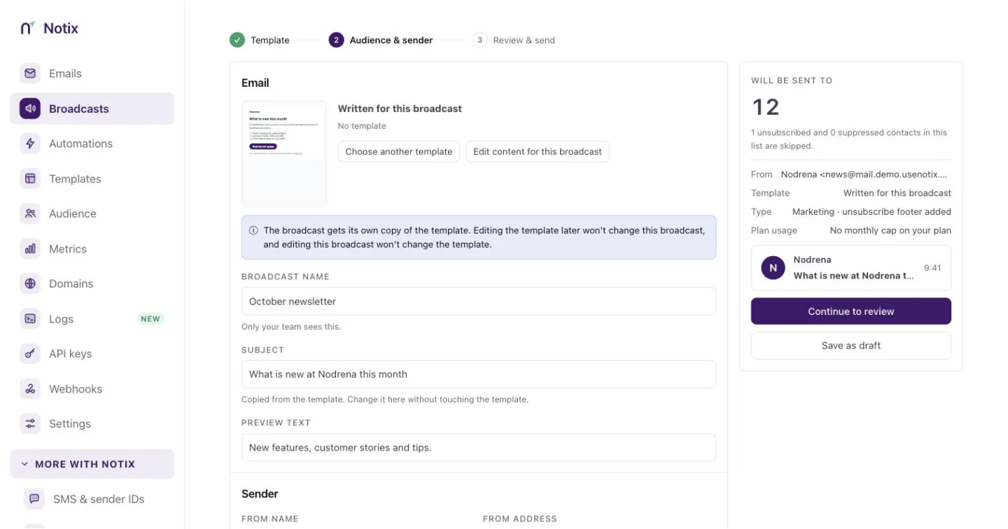 The broadcast editor with the sender, audience, subject and preview text fields above the email body