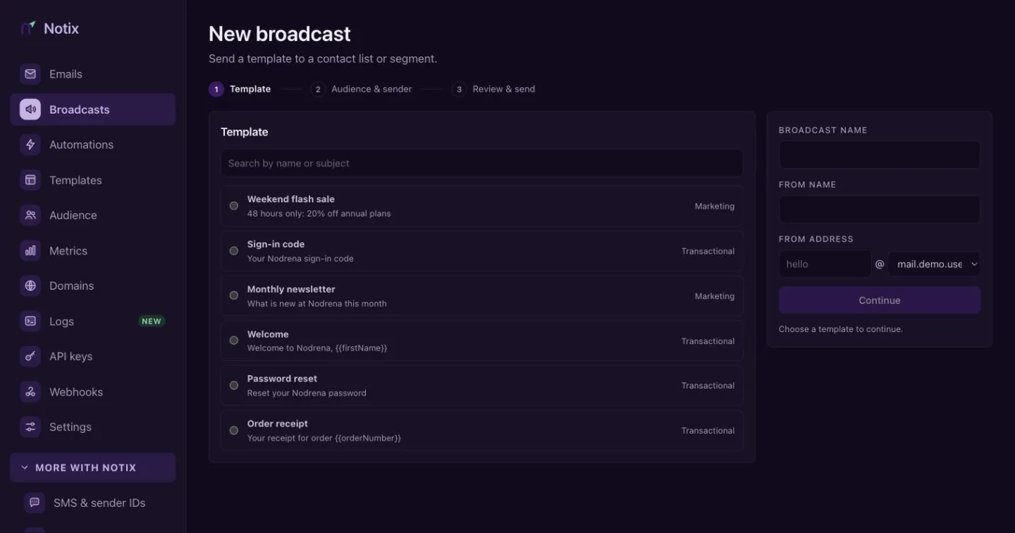 Starting a broadcast from a template, with a list of templates and the broadcast name and from fields