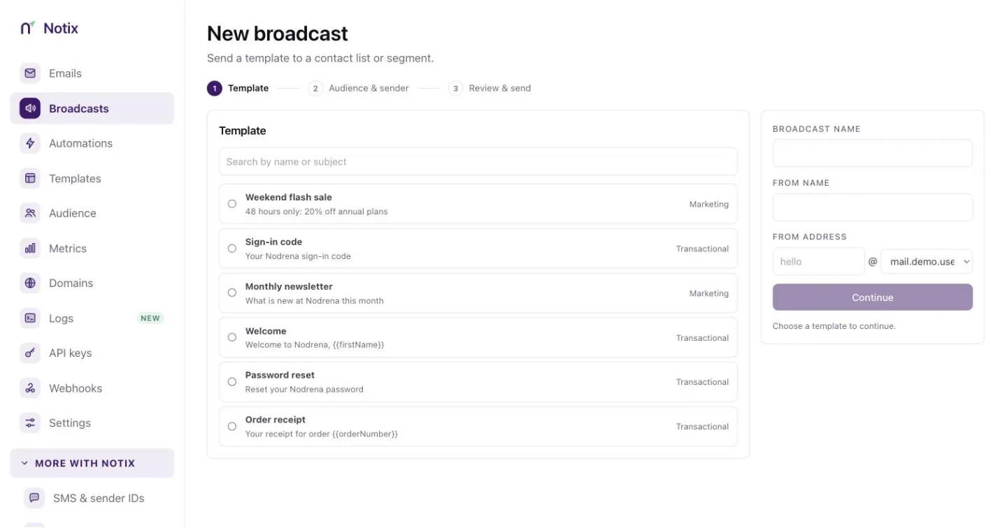 Starting a broadcast from a template, with a list of templates and the broadcast name and from fields
