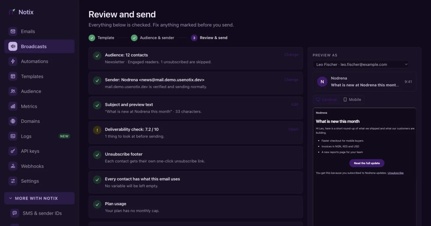 The Review and send screen with a list of checks, an email preview and the send panel