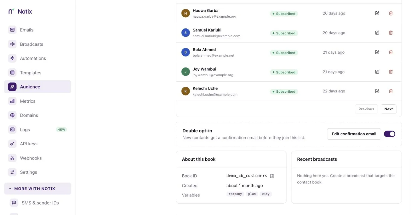 A contact book with the Double opt-in switch turned on below the contacts table