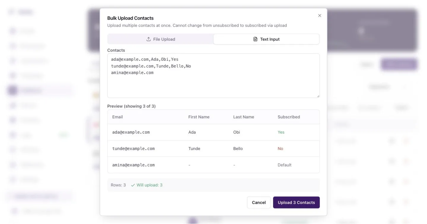 The Bulk Upload Contacts dialog with File Upload and Text Input tabs