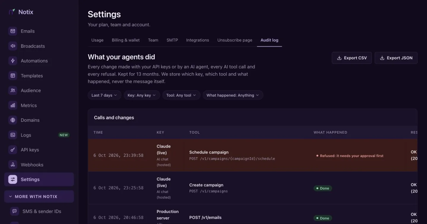 The audit log with filters for date, key, tool and result