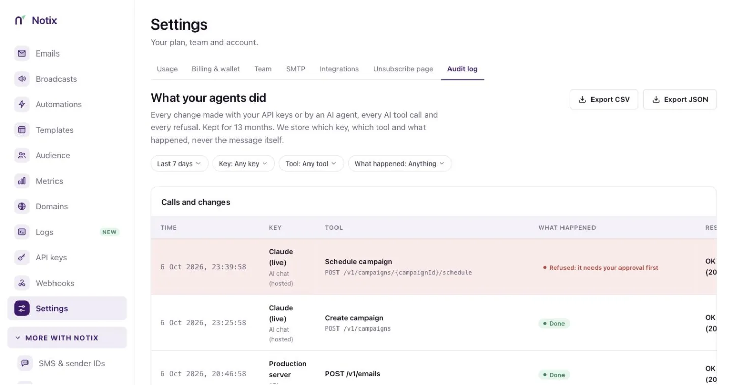 The audit log with filters for date, key, tool and result