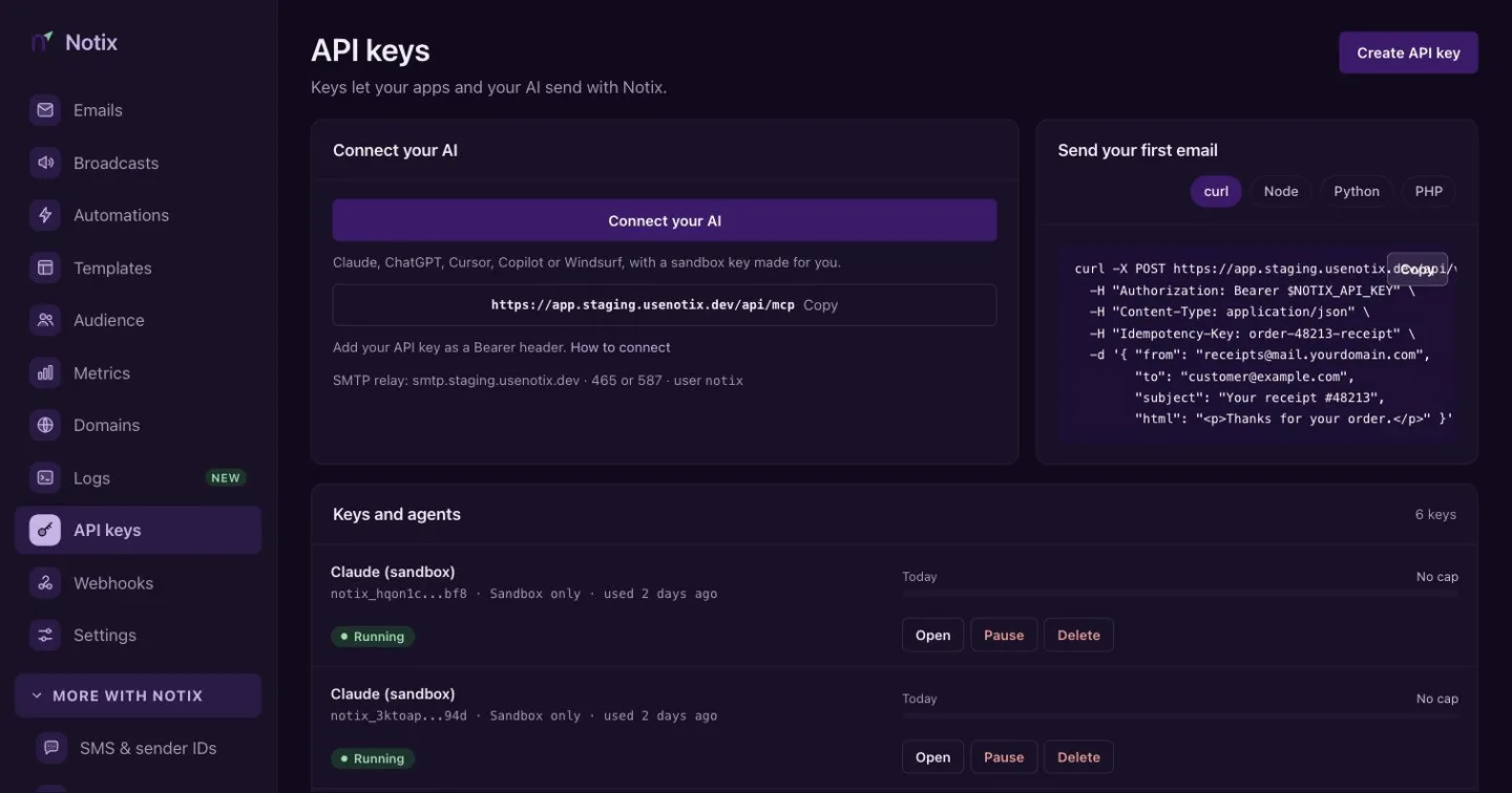 The API keys page with a list of API keys