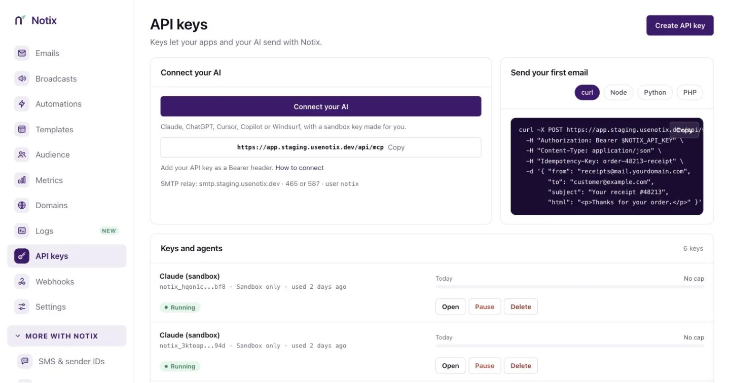 The API keys page with a list of API keys