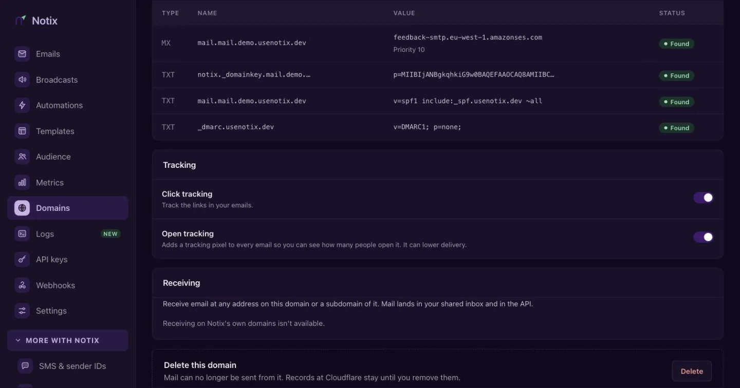 The Tracking card on a domain page with the Click tracking and Open tracking switches