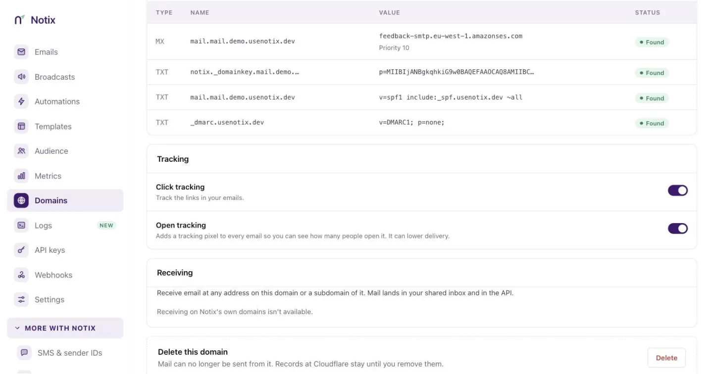 The Tracking card on a domain page with the Click tracking and Open tracking switches