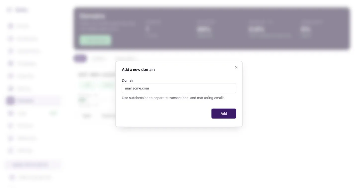 The Add domain dialog with mail.acme.com typed in