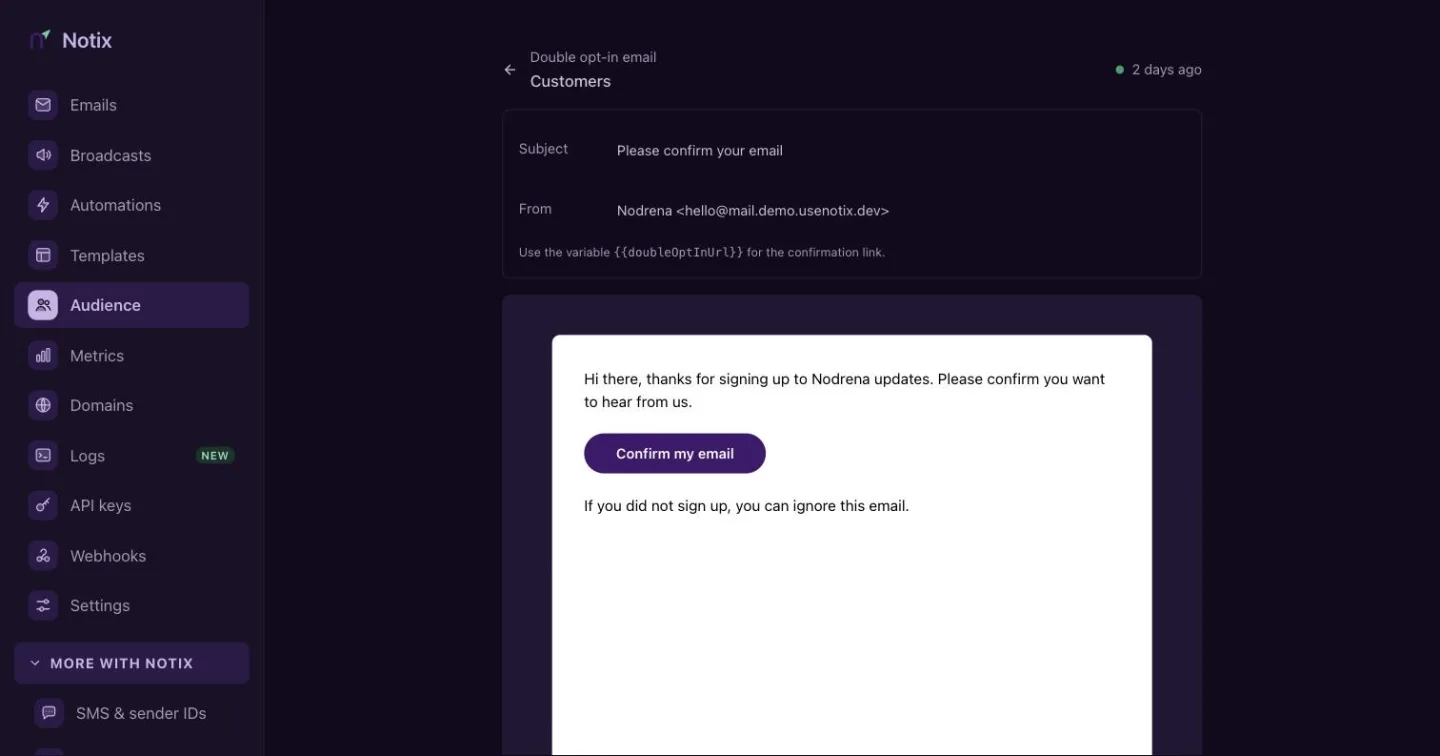 The confirmation email editor with Subject and From fields above the email body