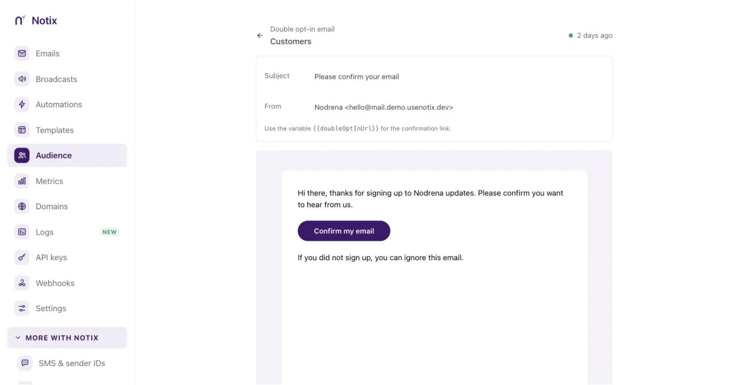 The confirmation email editor with Subject and From fields above the email body