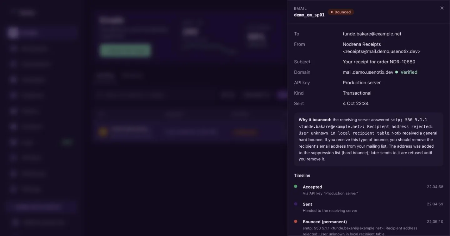 The full email view with its facts, a Why it bounced card and the timeline