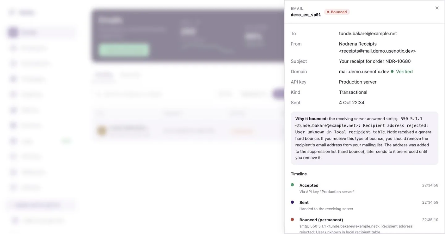 The full email view with its facts, a Why it bounced card and the timeline