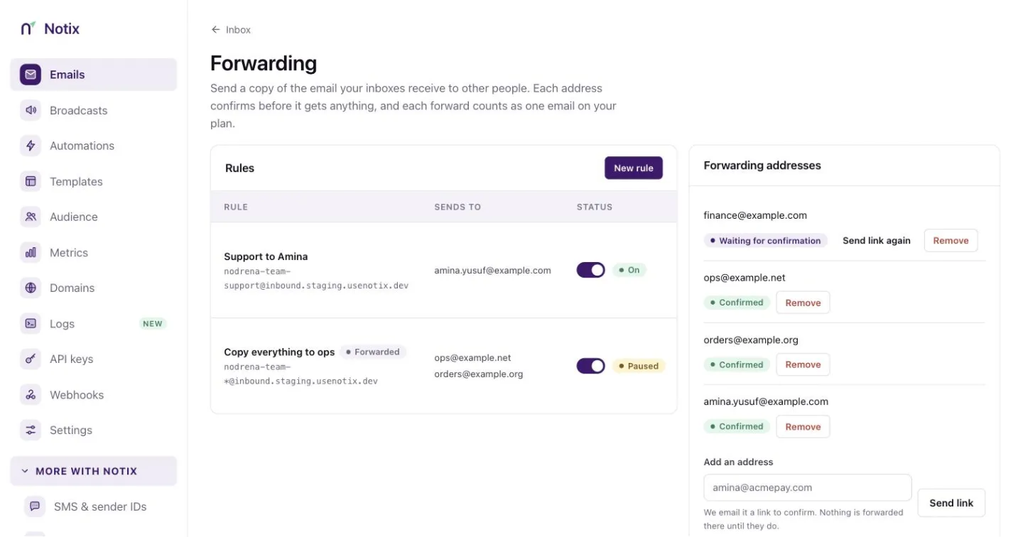 The Forwarding page with a list of rules, the address tester and the forwarding addresses