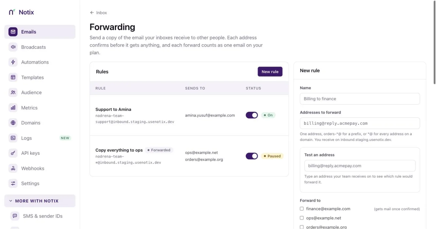 The New rule form with a name, the addresses to forward, the forwarding addresses and the From address