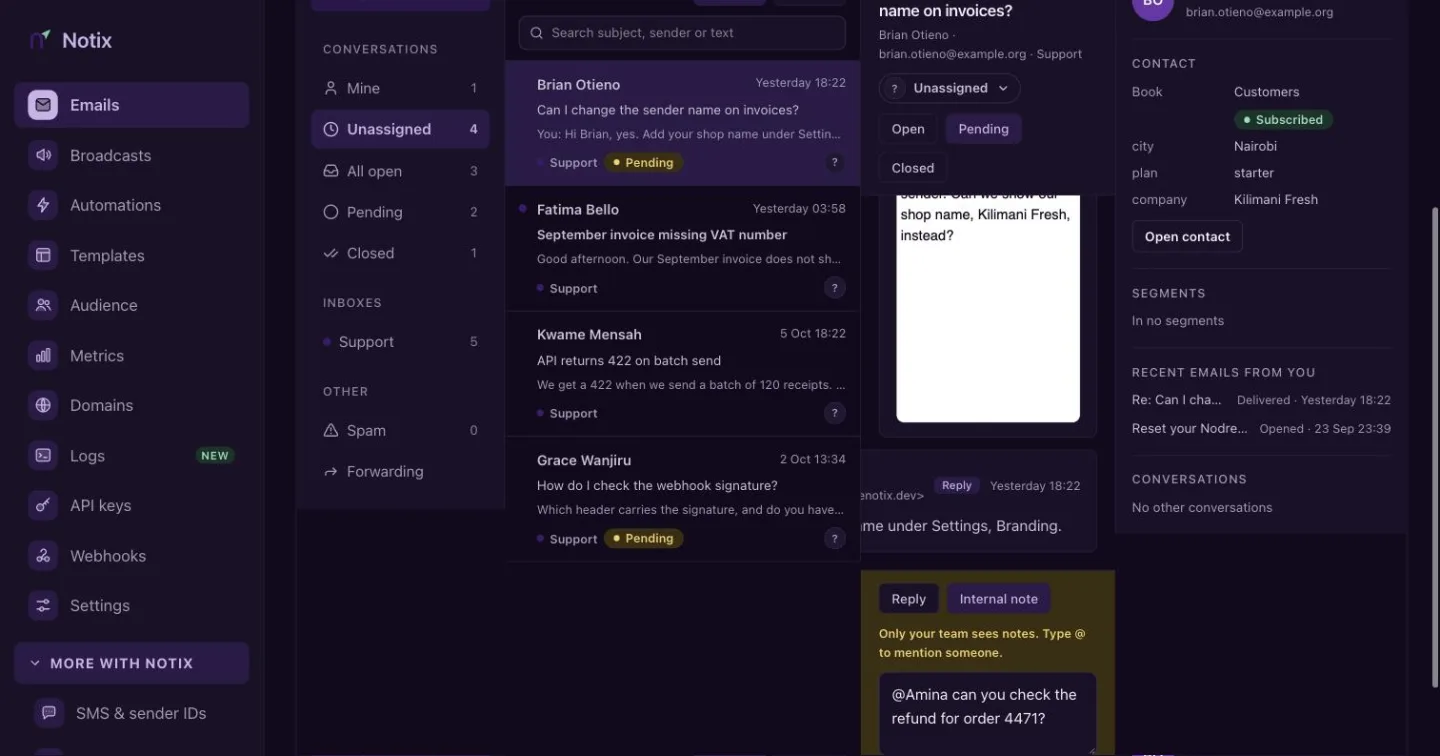 An open conversation with the Internal note box selected and a note mentioning a teammate