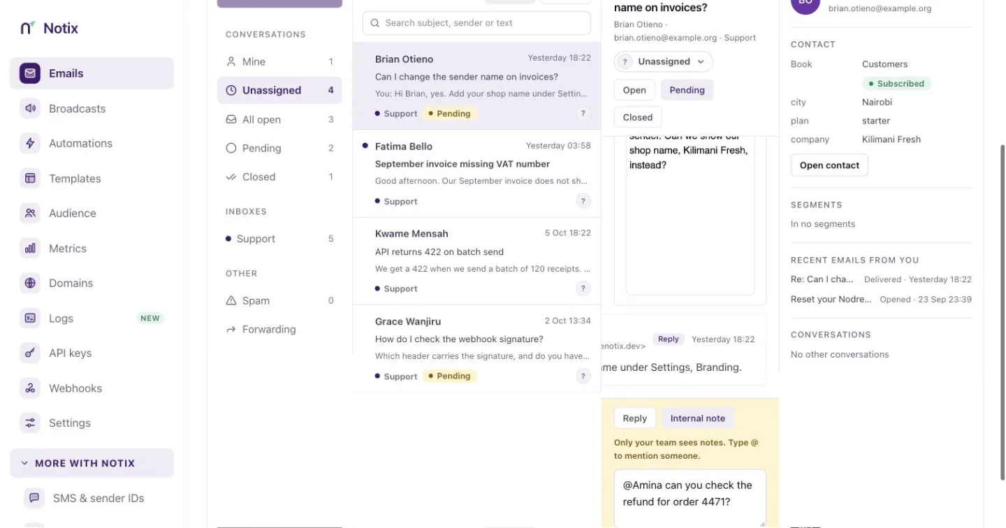 An open conversation with the Internal note box selected and a note mentioning a teammate