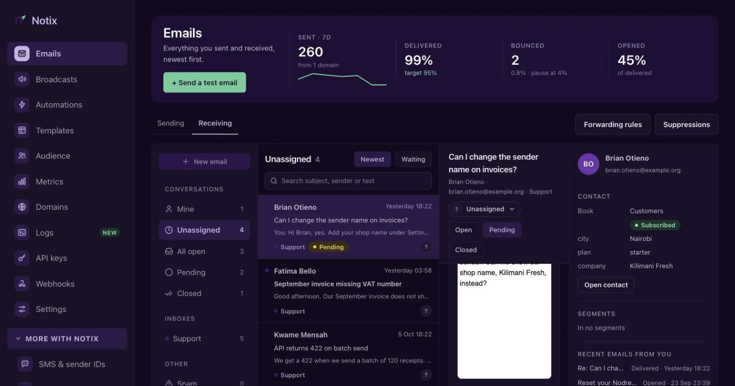 The Receiving tab of the Emails page with a list of conversations