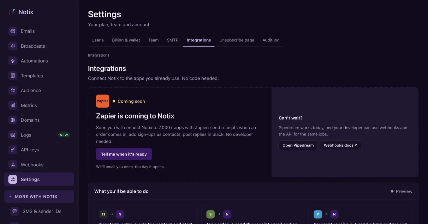 The Integrations page with Zapier coming soon, a preview of ready-made automations and the ways that work today