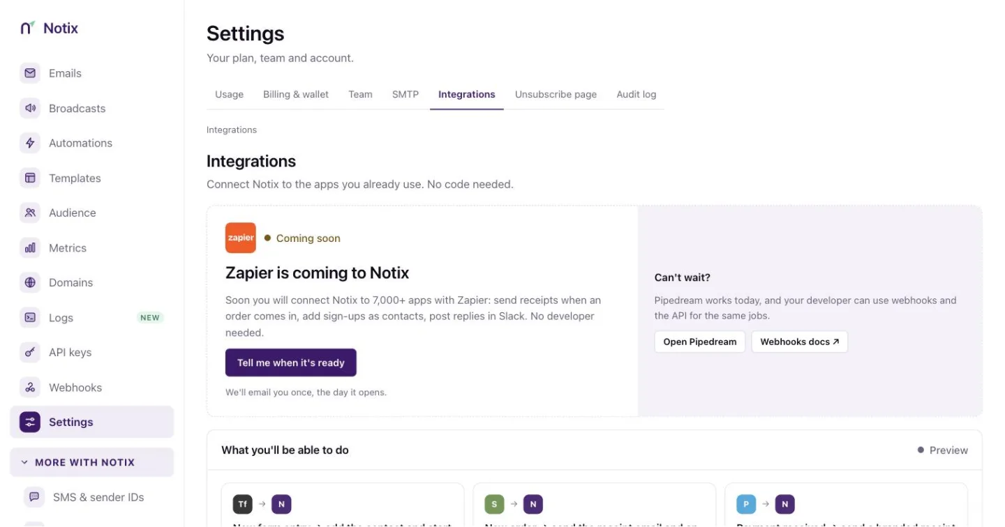 The Integrations tab with Pipedream available and Zapier coming soon