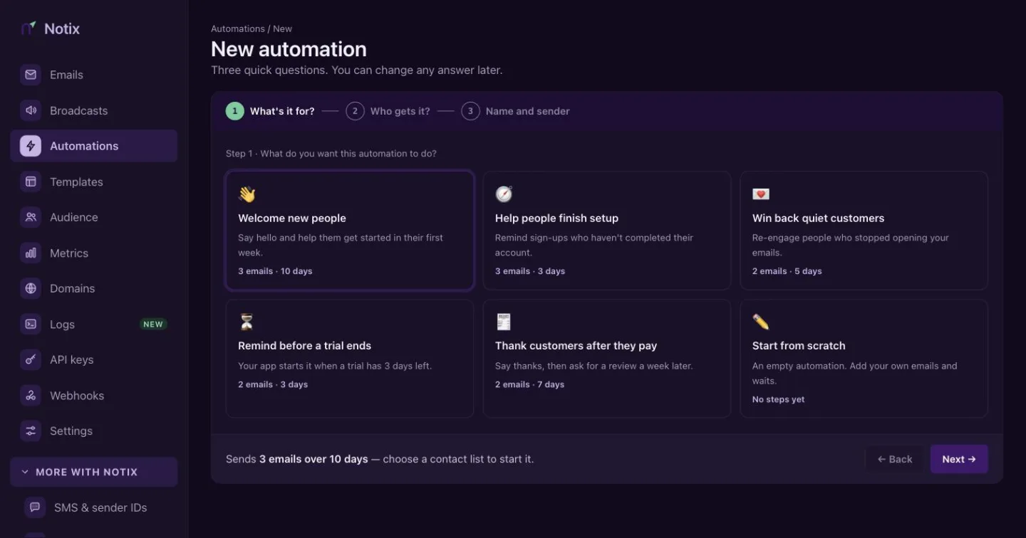 Create automation: pick what it is for, then what starts it