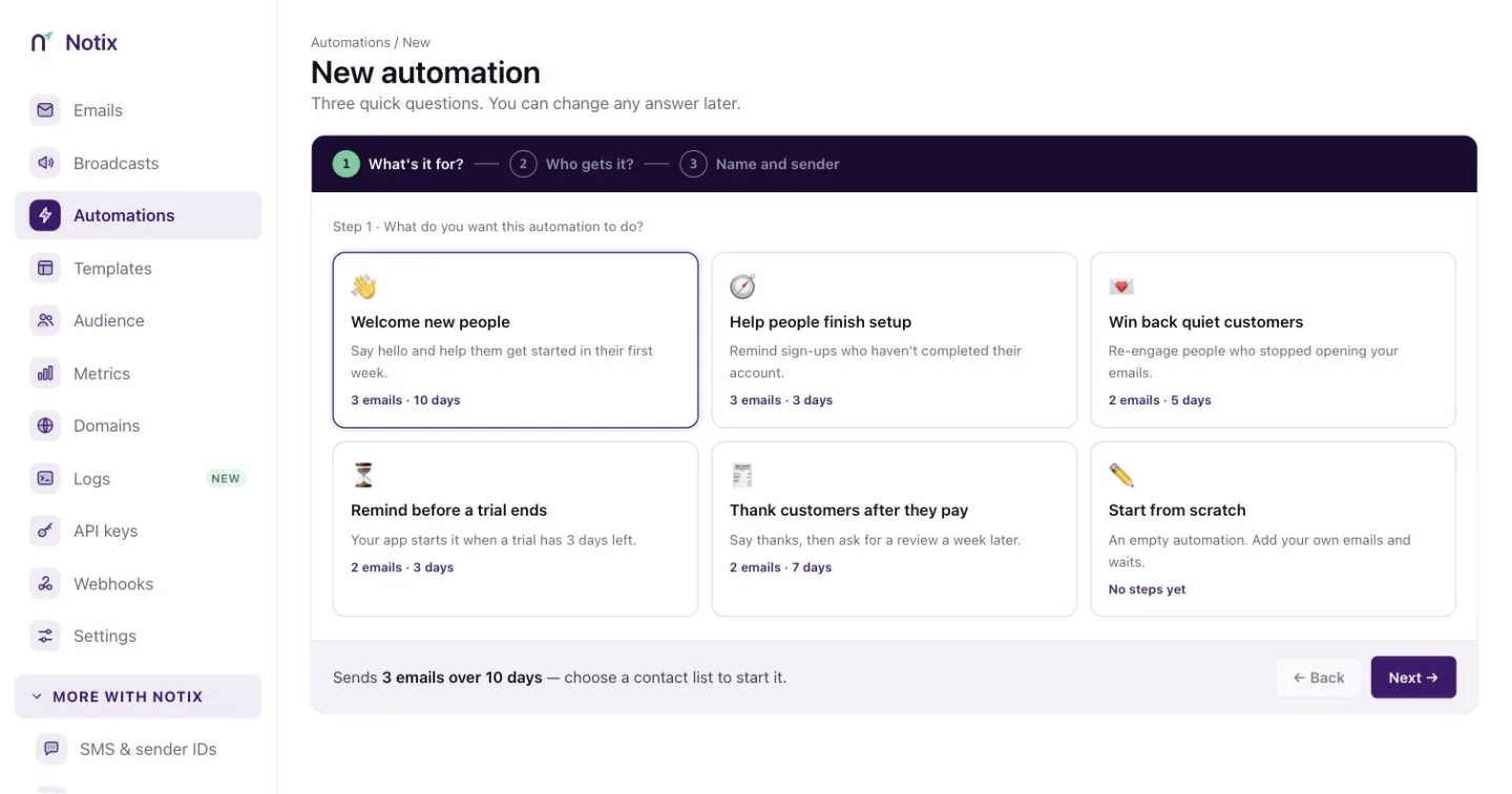 Create automation: pick what it is for, then what starts it