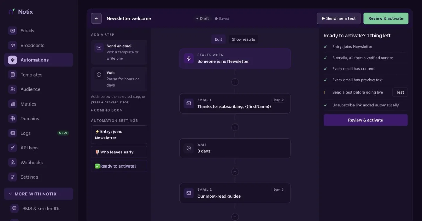 The automation builder with steps on the left, a branching map in the middle and the selected step's settings on the right
