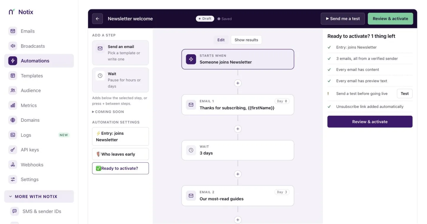 The automation builder with steps on the left, a branching map in the middle and the selected step's settings on the right