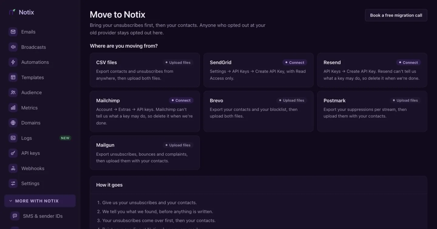 The Migrate to Notix page with providers to migrate from