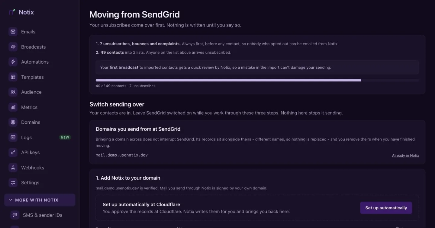 A migration in progress with the import panel and the three steps to point sending at Notix