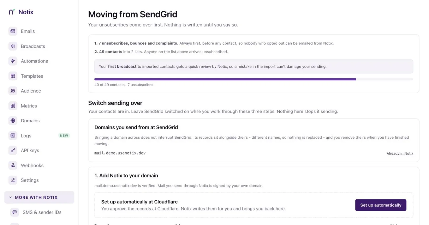 A migration in progress with the import panel and the three steps to point sending at Notix