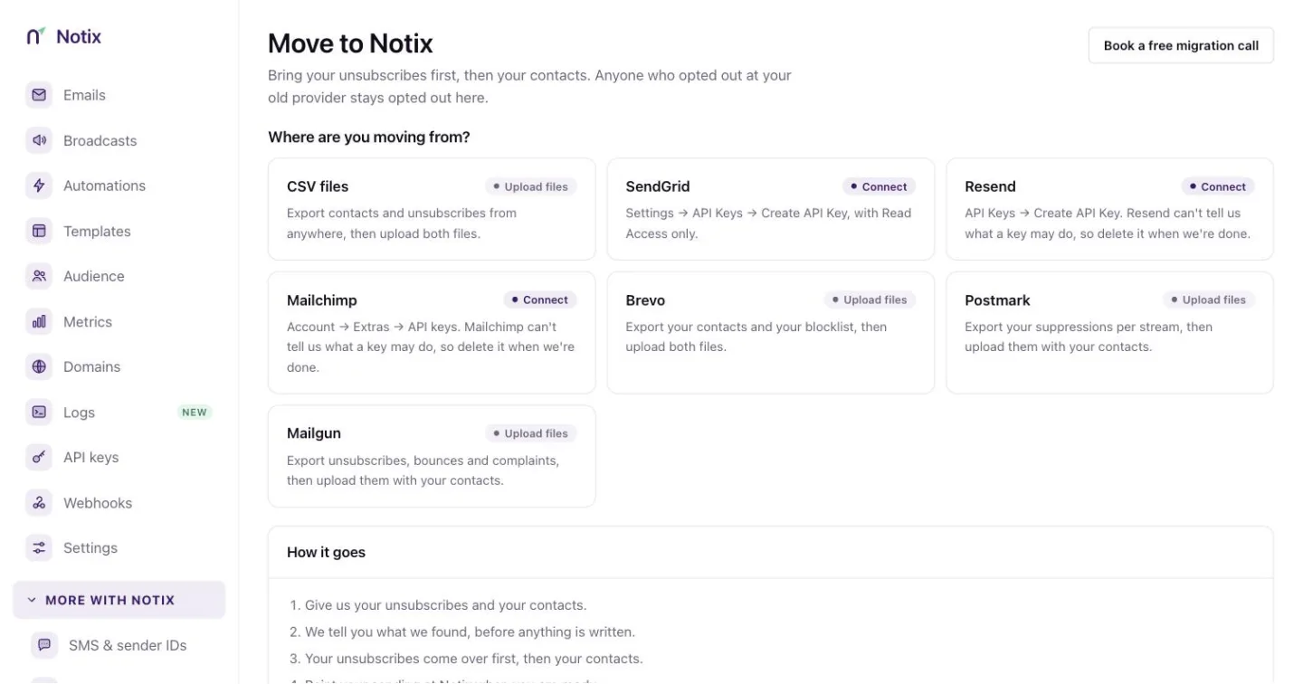 The Migrate to Notix page with providers to migrate from