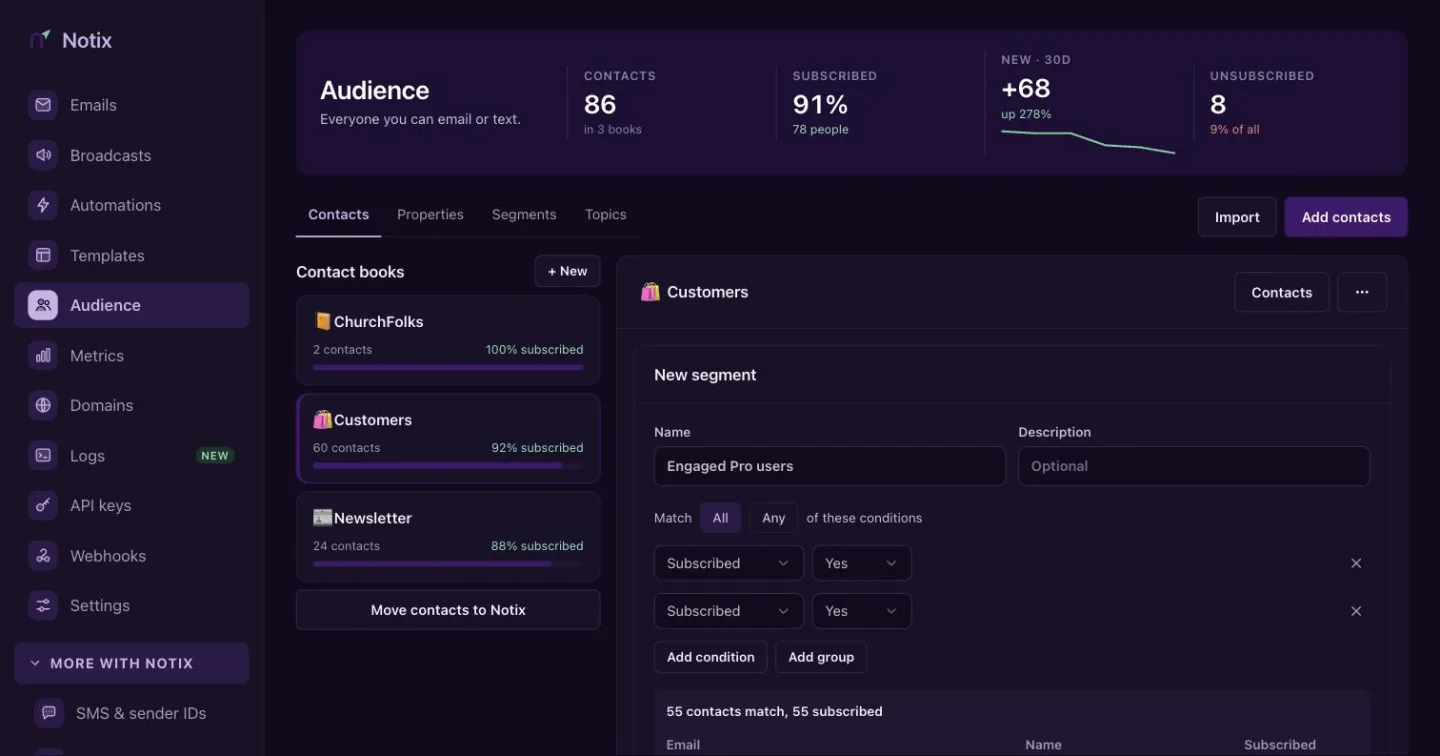 The segment builder with a name, All or Any, conditions, a live count and a preview