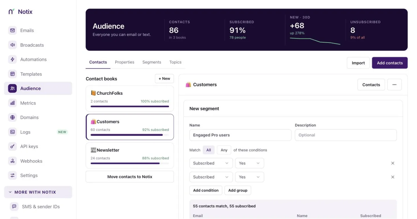 The segment builder with a name, All or Any, conditions, a live count and a preview
