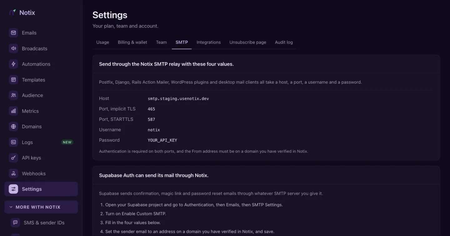 Settings, Integrations with guides for Supabase Auth, Node.js, Vercel and SMTP clients
