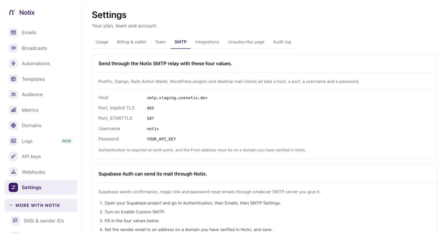 Settings, Integrations with guides for Supabase Auth, Node.js, Vercel and SMTP clients
