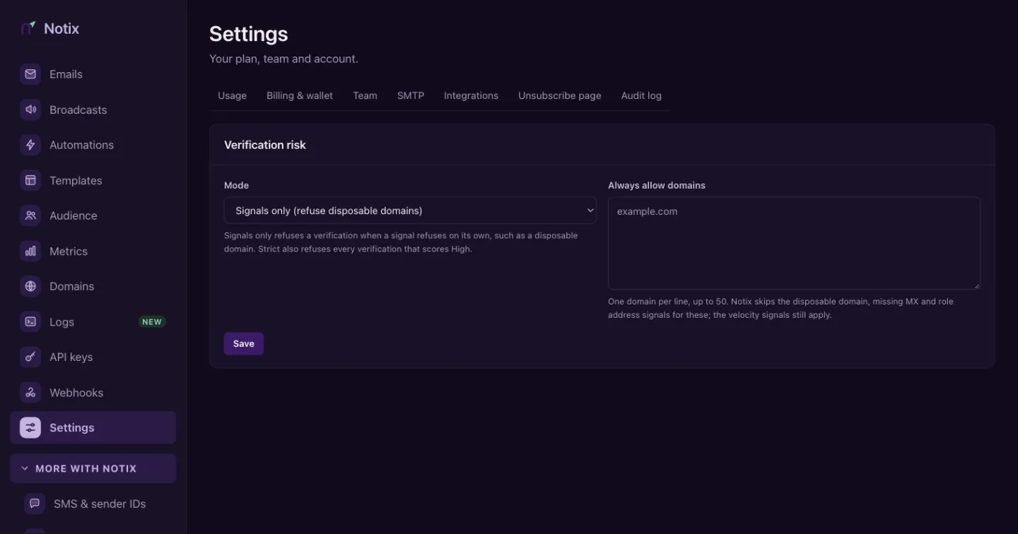 The Verification risk settings with Mode and Always allow domains