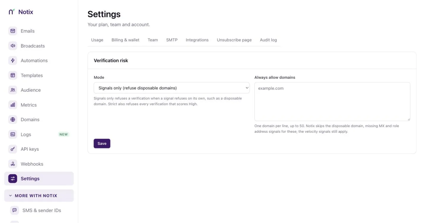 The Verification risk settings with Mode and Always allow domains