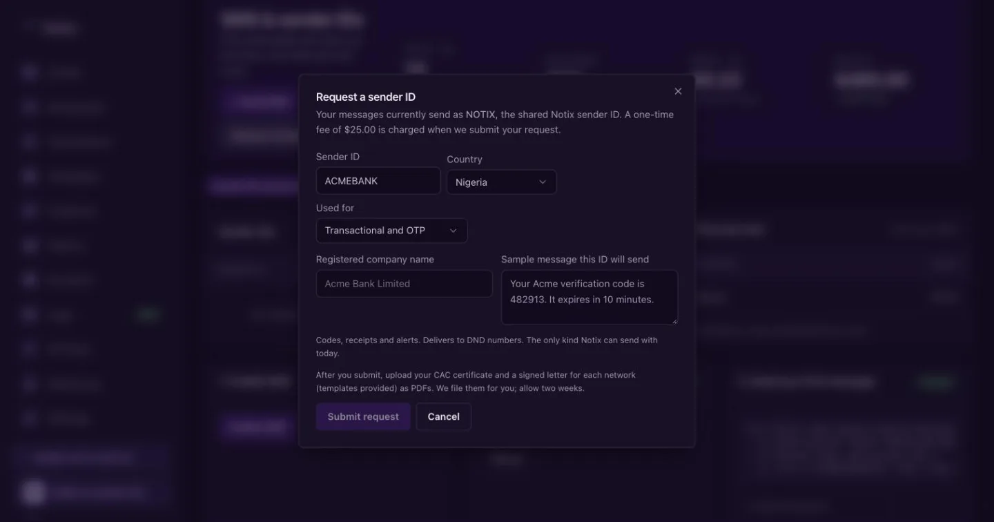 The Request a sender ID dialog with sender ID, country and use