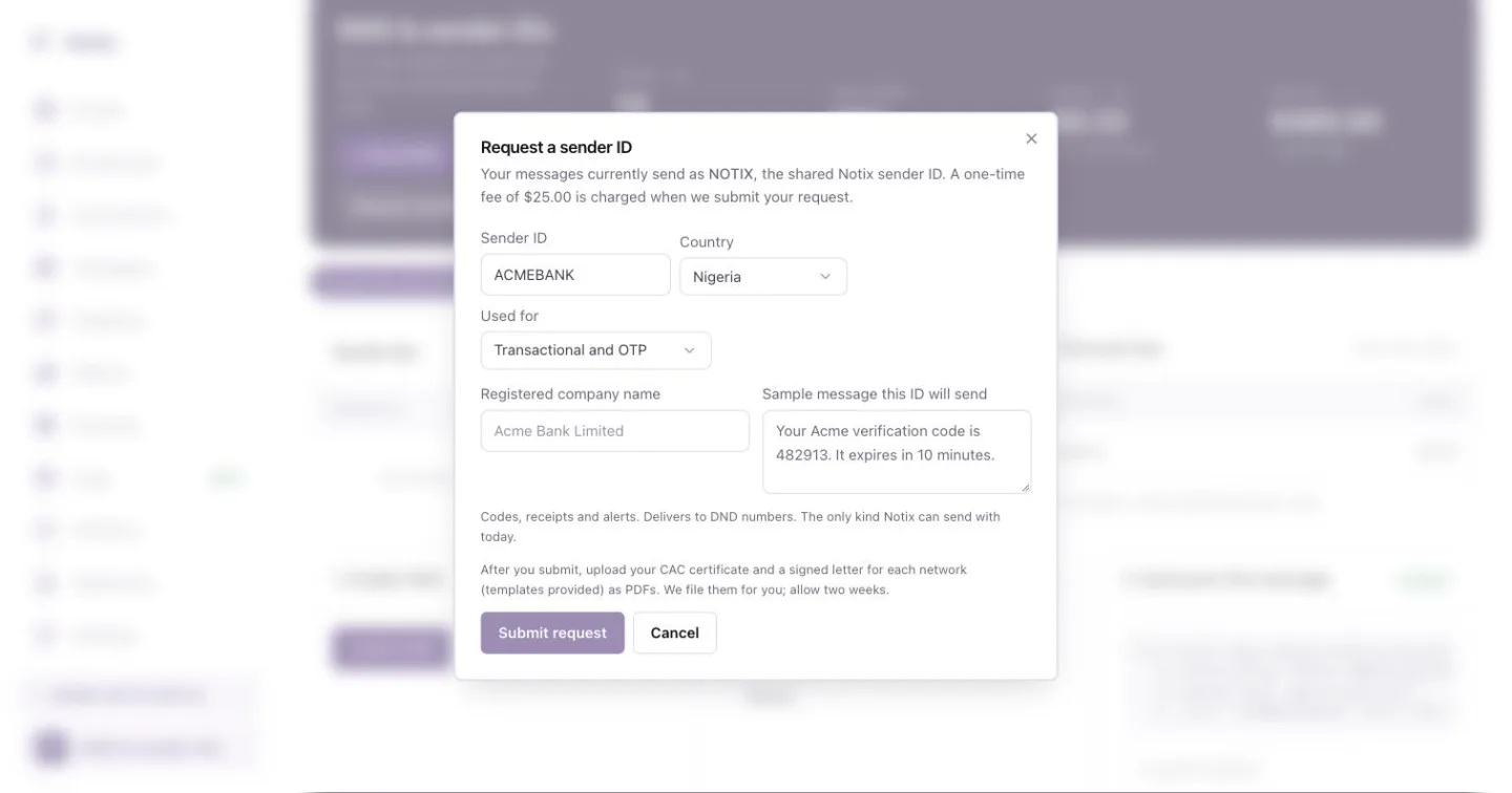 The Request a sender ID dialog with sender ID, country and use