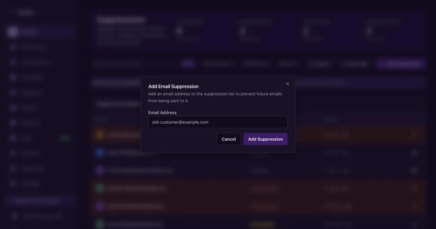 The Add Email Suppression dialog with one email address field