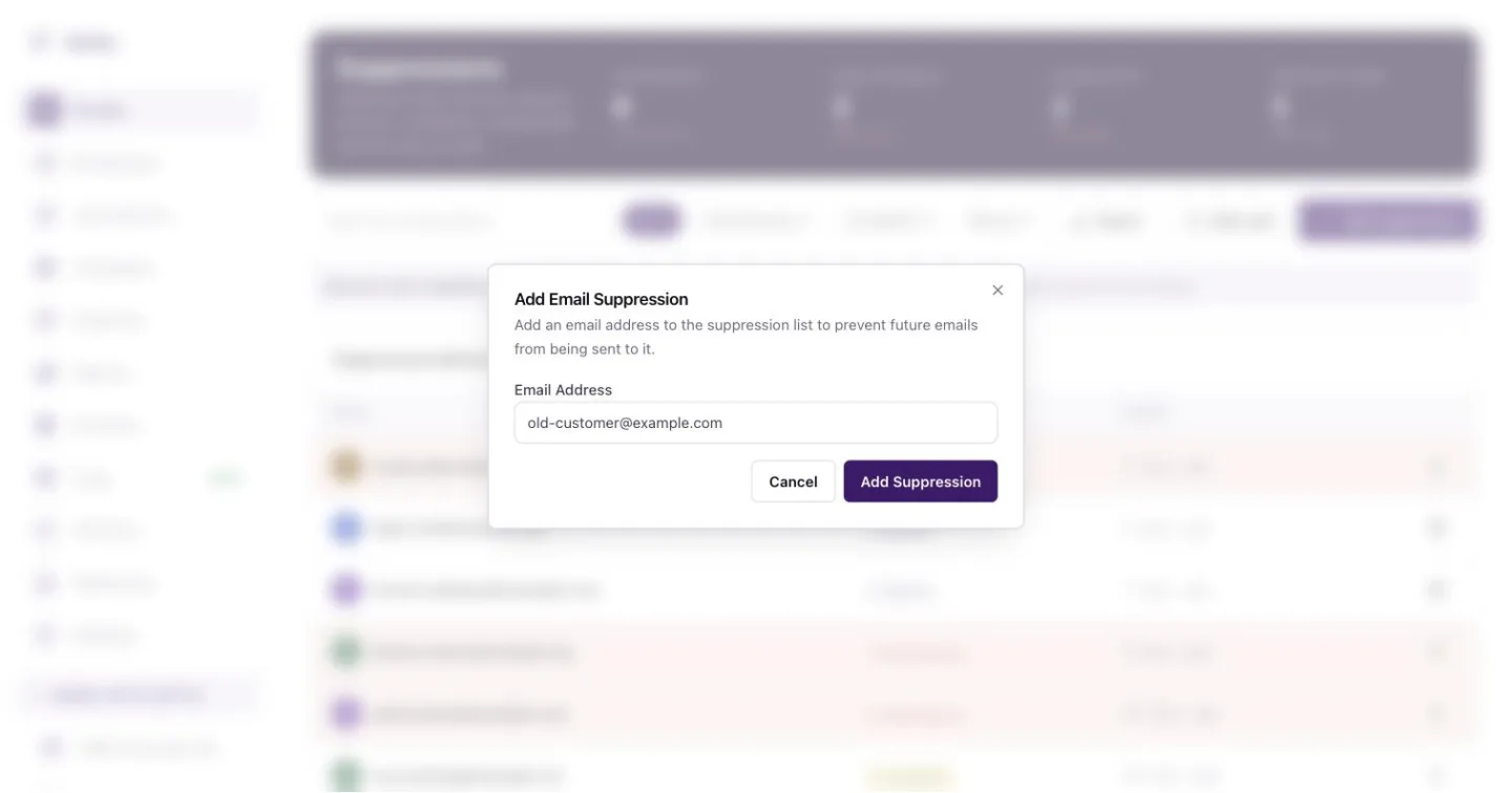The Add Email Suppression dialog with one email address field