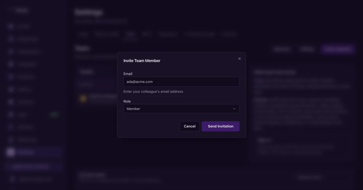 The Invite Team Member dialog with Email and Role