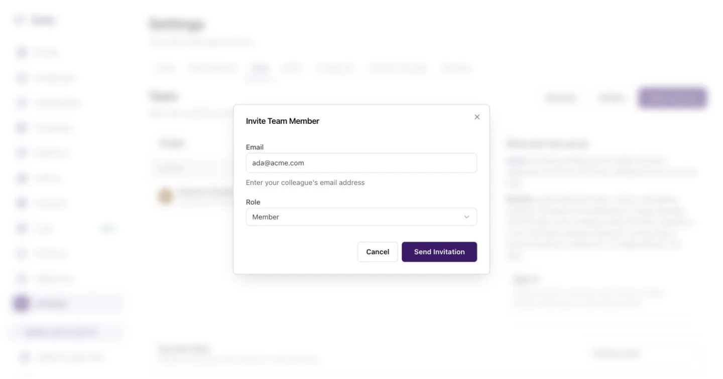 The Invite Team Member dialog with Email and Role