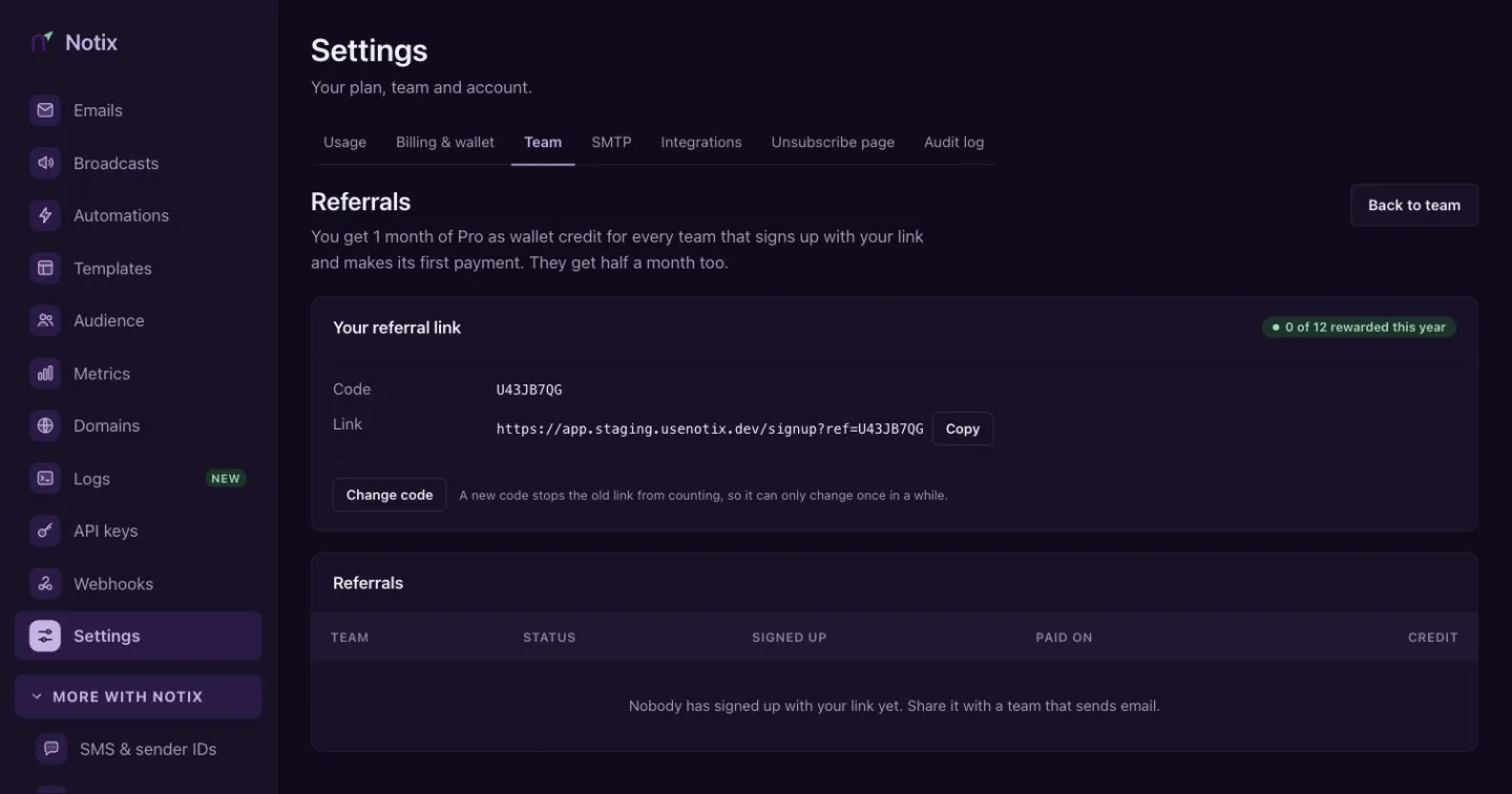 The Referrals page with your referral link and the teams that signed up with it